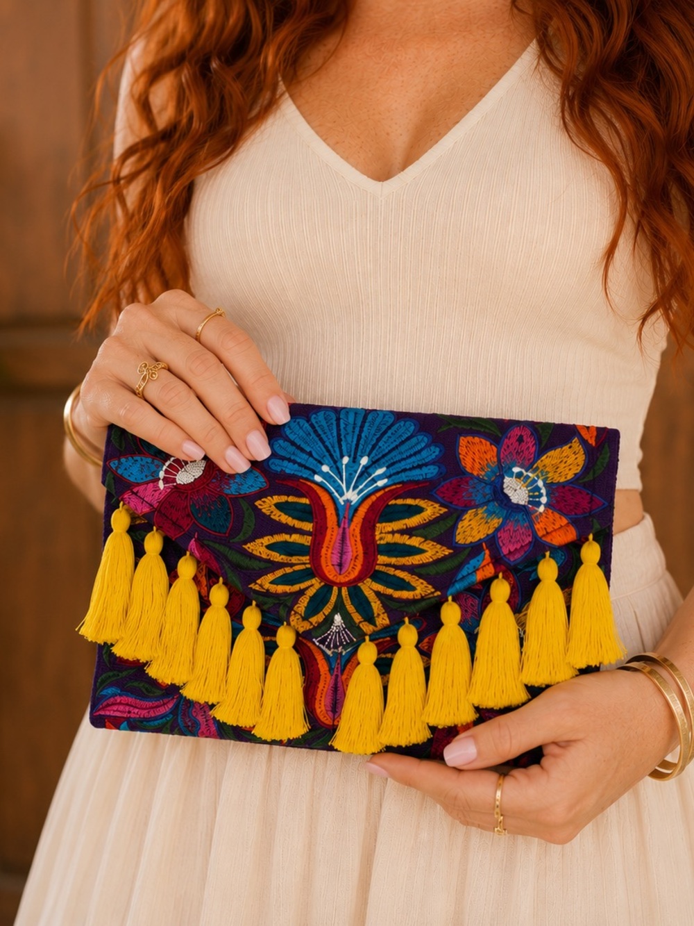 Handmade Floral Embroidered Envelope Clutch Crossbody Bag Tassels
